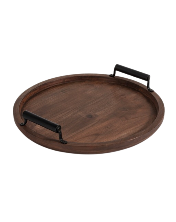 Set of 2 Round Wooden Serving Tray with Black Handle