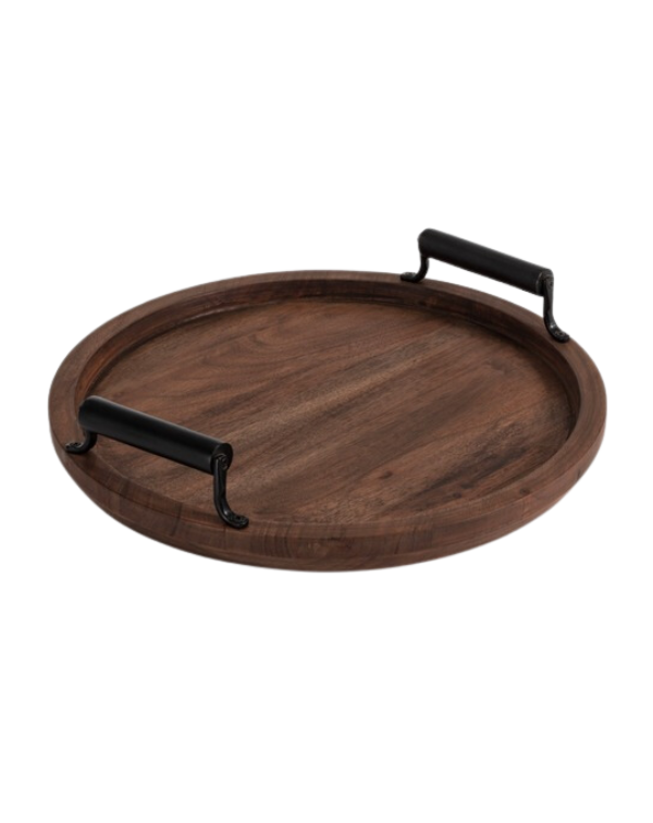 Set of 2 Round Wooden Serving Tray with Black Handle
