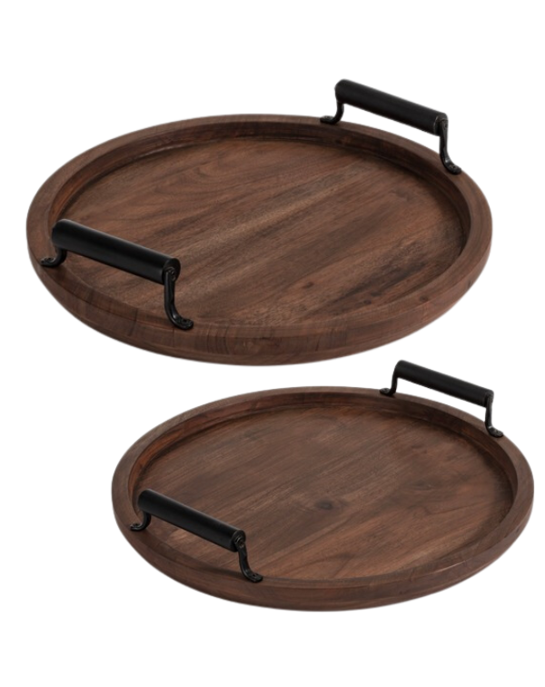 Set of 2 Round Wooden Serving Tray with Black Handle