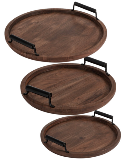 Set of 3 Round Wooden Serving Tray with Black Handle