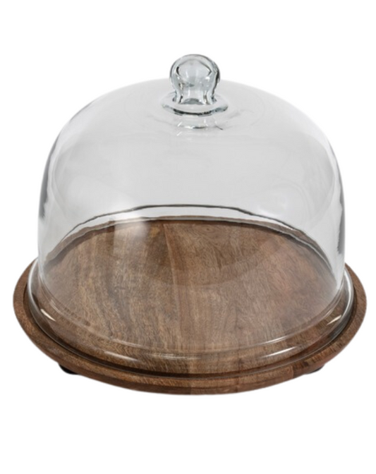 Acacia Wood Round Cake Dome with Metal Ball Feet