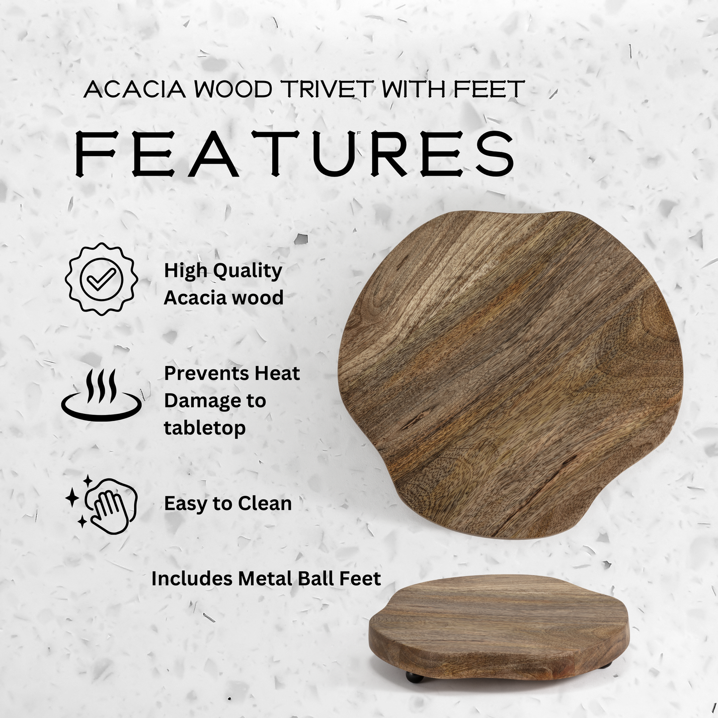 Acacia Wood Round Trivet with Metal Ball Feet