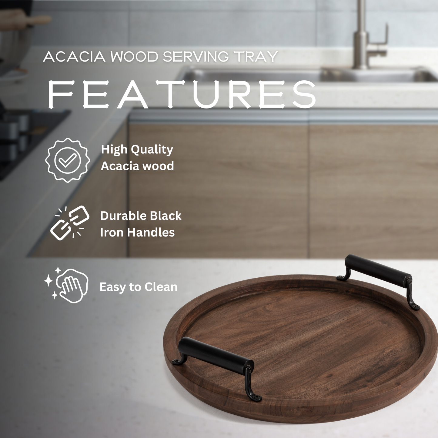 Acacia Wood Round Serving Tray with Black Handle