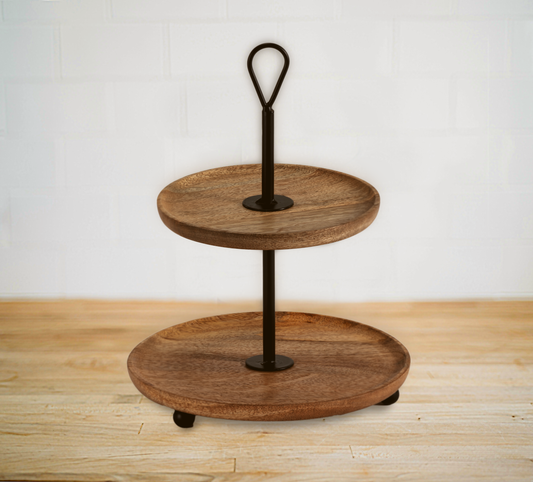 2 Tier Wooden Cupcake & Desserts Stand with Black Iron Dowel
