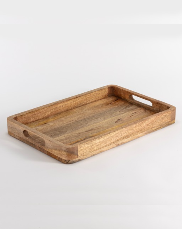 Wooden Rectangular Serving Tray with Cutout Handles - Black & Natural