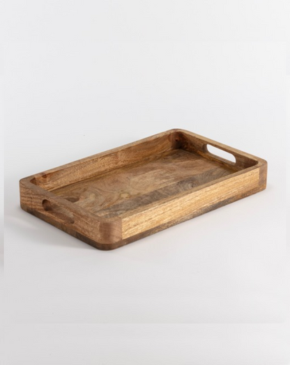 Wooden Rectangular Serving Tray with Cutout Handles - Black & Natural